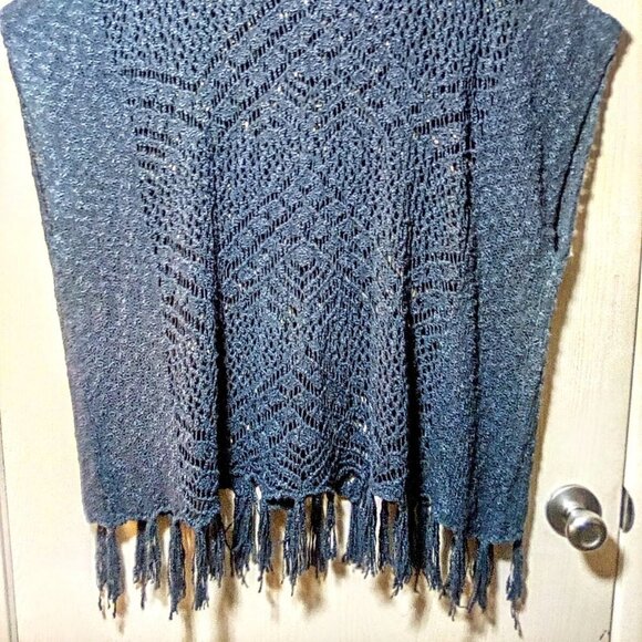 Poncho Style Crochet Sweater with Fringe Detail- Color: Denim Blue Size: XL - Picture 11 of 11
